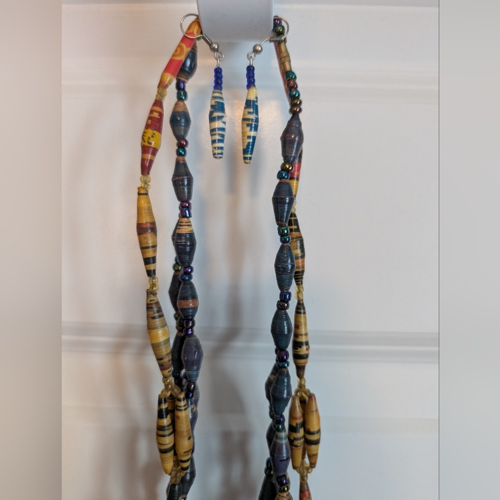 Handmade Artisan Recycled Upcycled Paper Beaded Necklaces and Earring Set